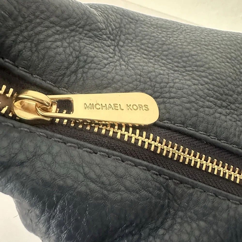 Michael Kors Fulton Large Hobo Shoulder Bag Navy Blue Pebbled Leather Gold MK